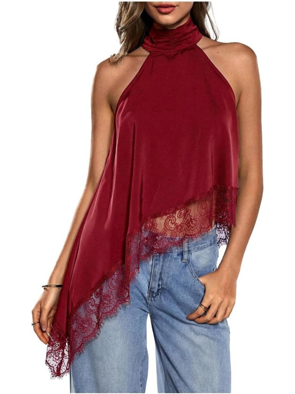 Chic Halter Neck Lace Top with Asymmetrical Hem - Perfect Going Out Tank Top